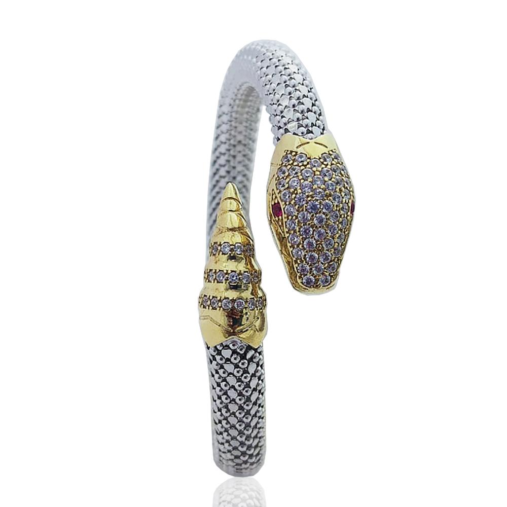 Bracciale rigido a serpente mm 8 snake in argento 925 rodiato e dorato con zirconi bianchi e rossi